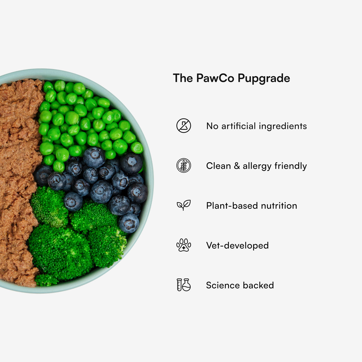 PawCo GreenBites Blueberry — no artificial ingredients, plant-based, clean & allergy friendly, vet-developed, science backed fresh dog food
