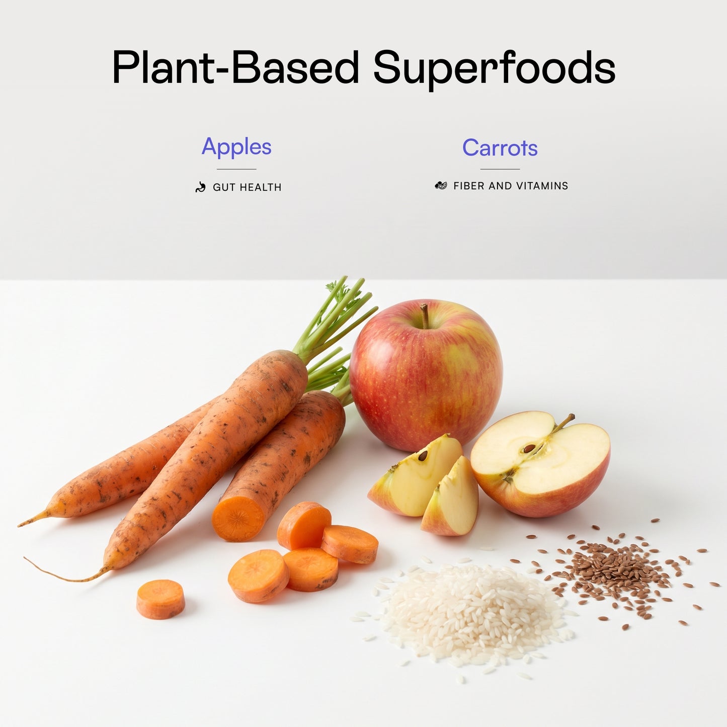 Apples and carrots plant-based superfoods in PawCo InstaBites dog food — gut health and fiber support with rice and flax seeds