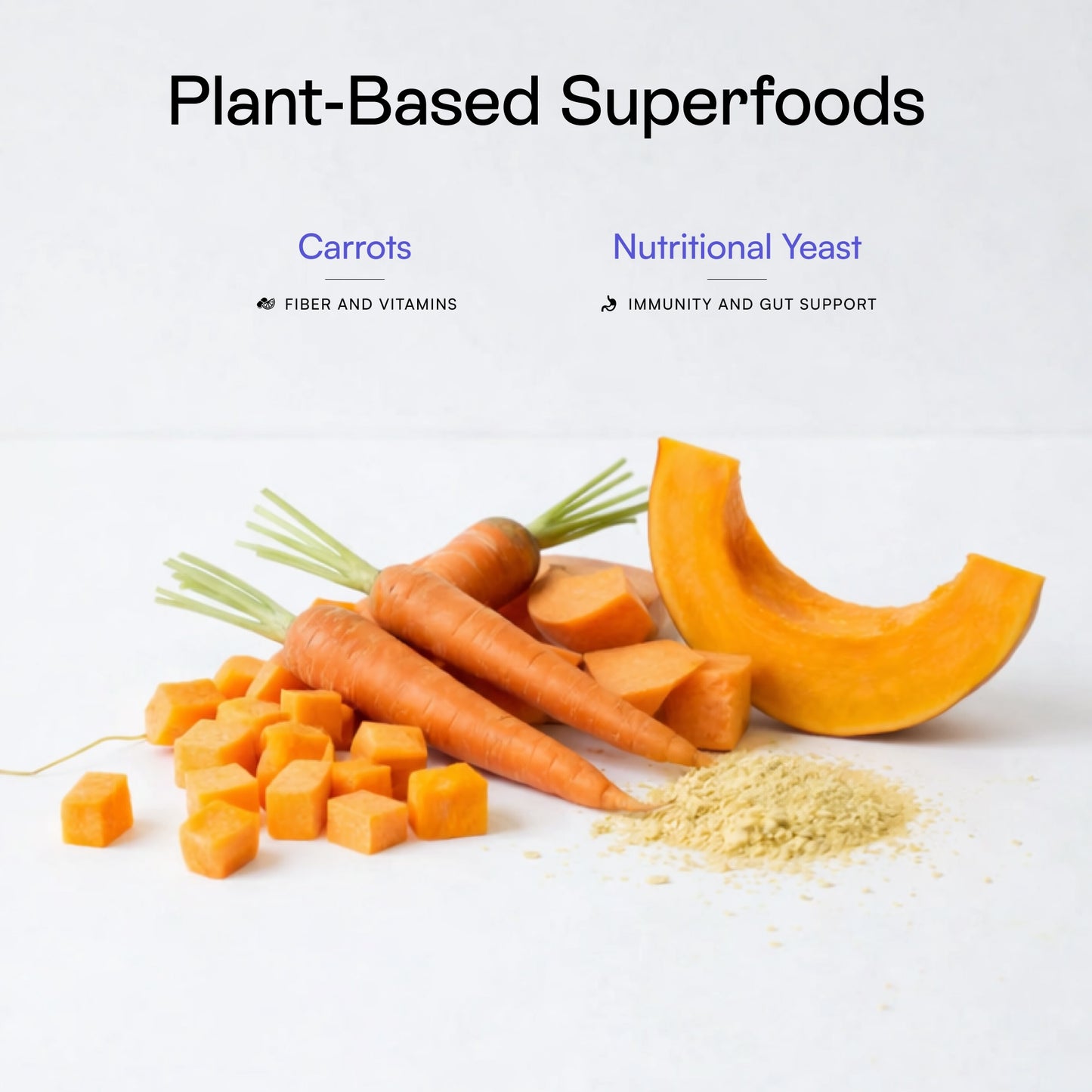 Carrots and nutritional yeast in PawCo Magic Topper supplements fiber and vitamins, and supports immunity and gut health