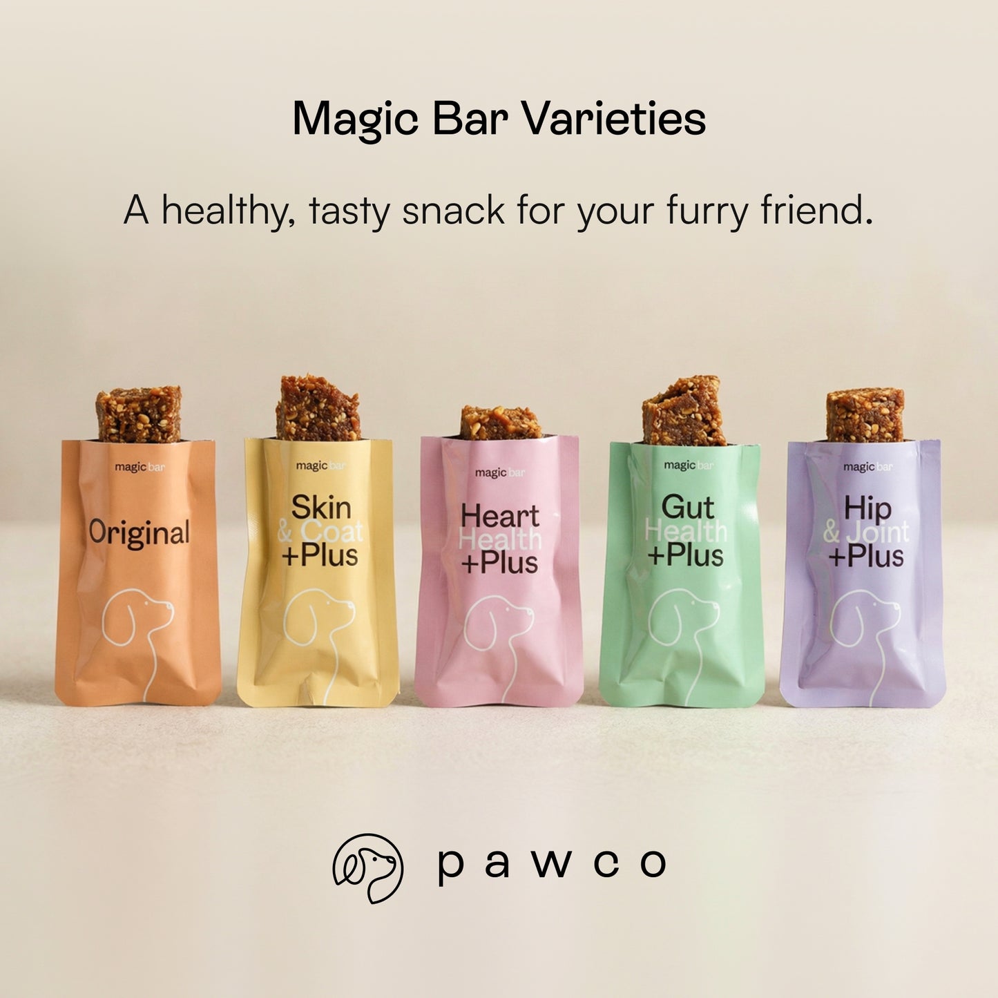 PawCo Magic Bars are available in 5 functional health variants: Original, Skin & Coat, Heart Health, Gut Health, Hip & Joint