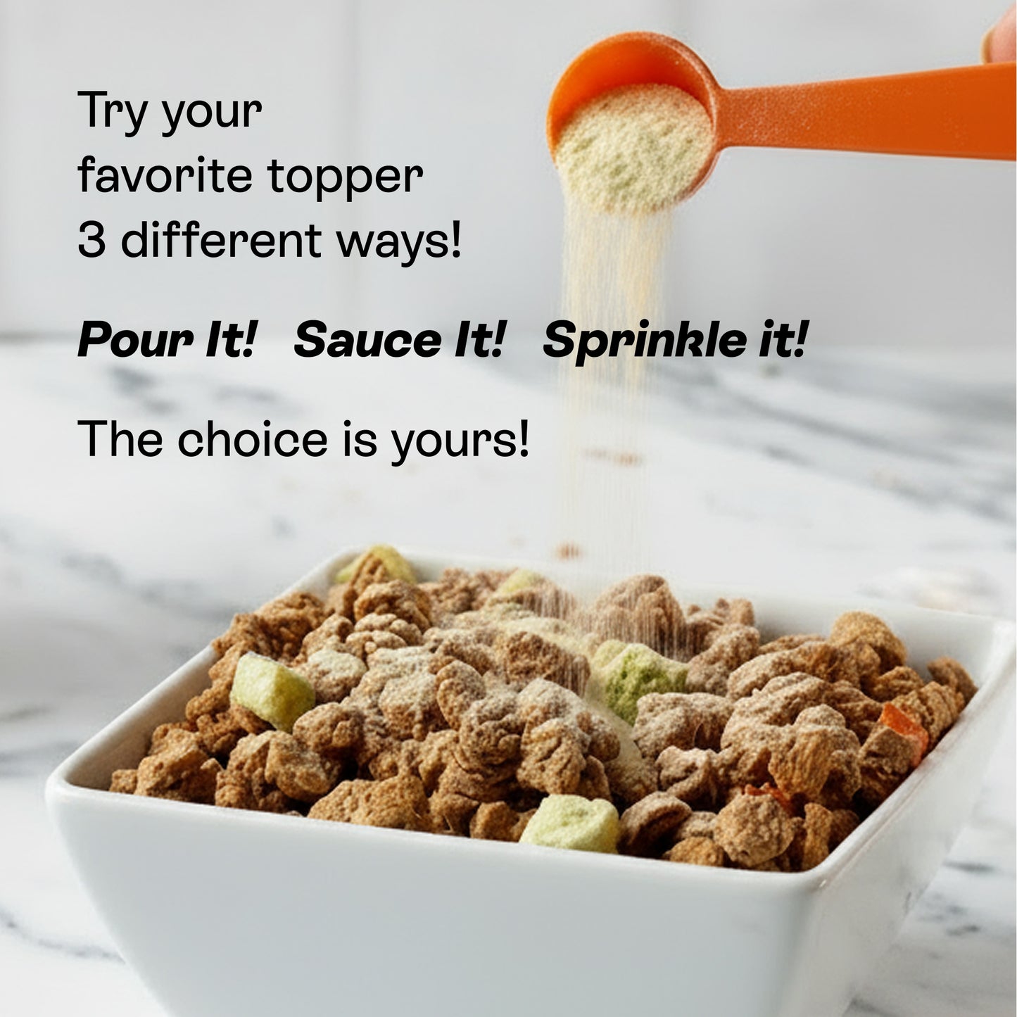 PawCo Magic Topper sprinkled over dog food — use as a topper three ways: pour it, sauce it, or sprinkle it