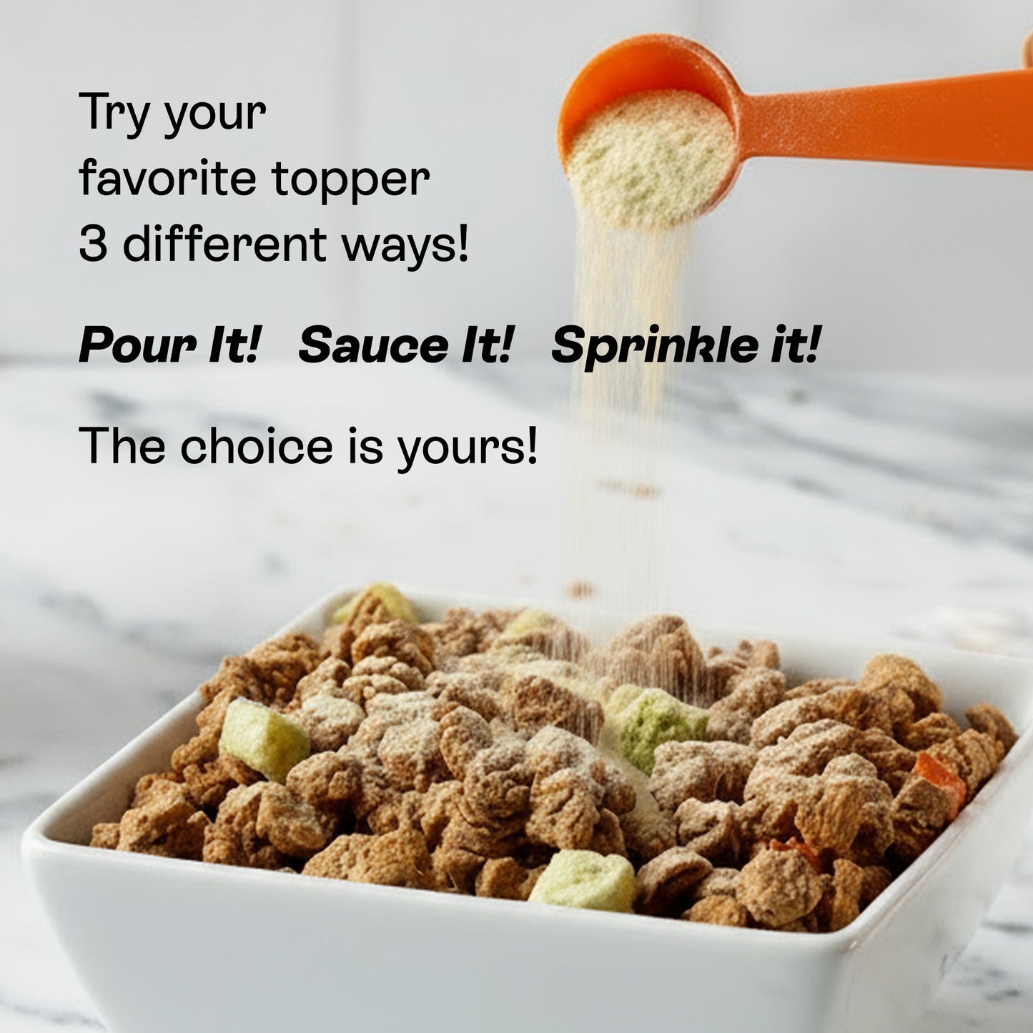PawCo Magic Topper sprinkled over dog food — use as a topper three ways: pour it, sauce it, or sprinkle it