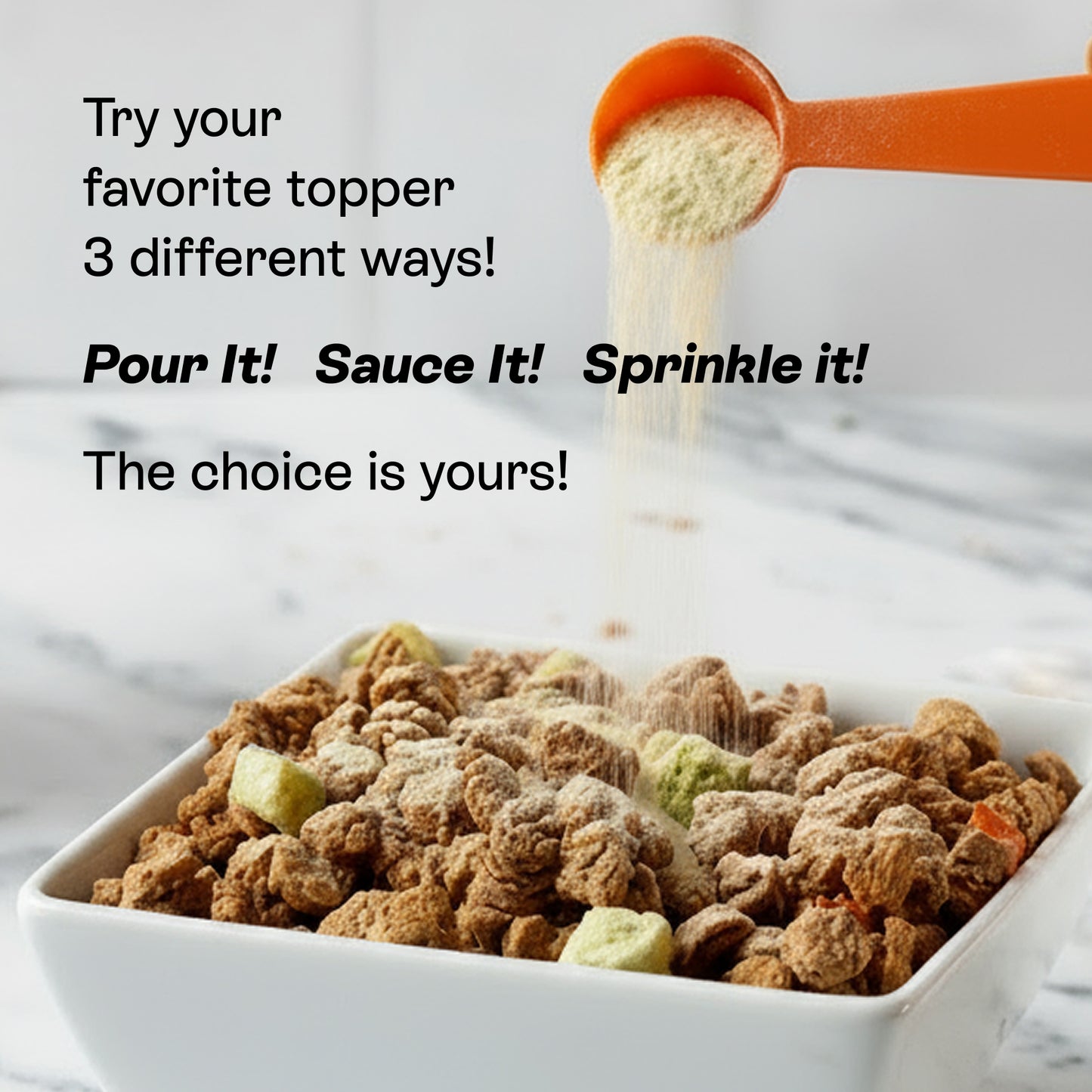 PawCo Magic Topper sprinkled over dog food — use as a topper three ways: pour it, sauce it, or sprinkle it
