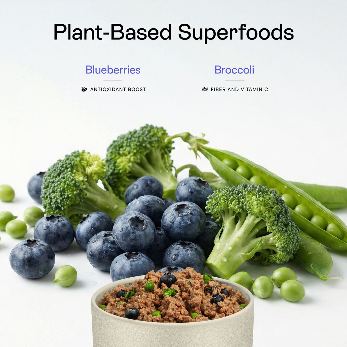Blueberries, Broccoli, and other mixed plant-based superfoods in PawCo GreenBites Blueberry fresh dog food support digestion, and supplement antioxidants, fiber, and vitamin C