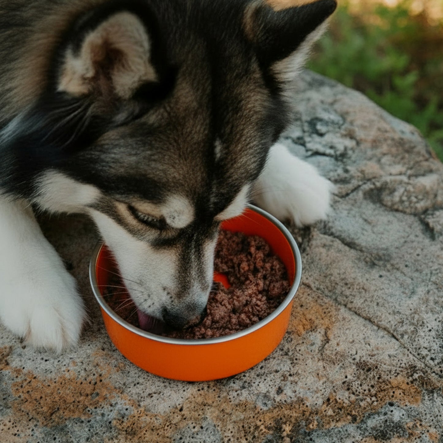 Pawco GreenBites healthy, high quality fresh dog food - Husky eating from orange bowl – PawCo Foods