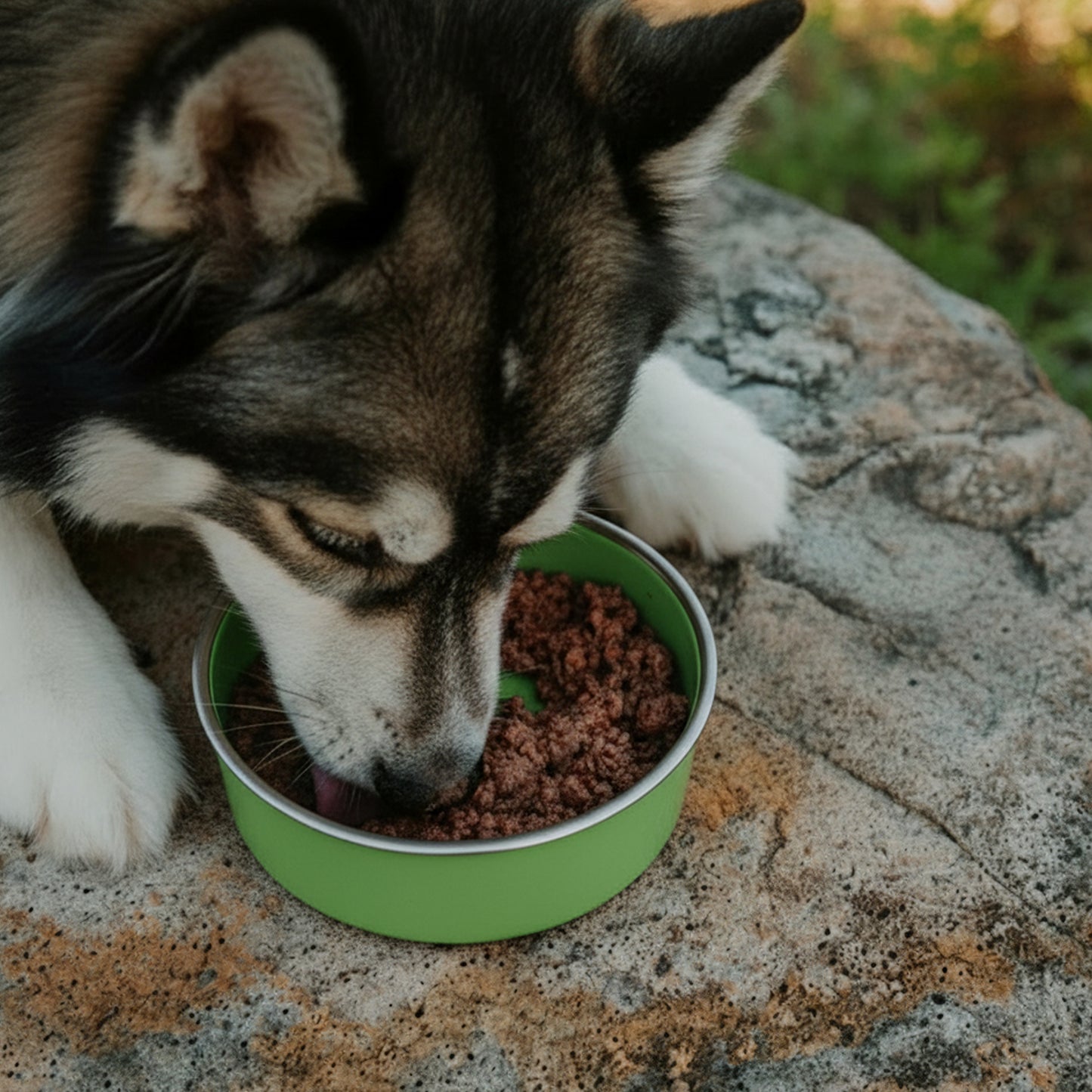 PawCo GreenBites Peanut Butter & Apple healthy, high quality fresh dog food – Husky eating from green bowl – PawCo Foods