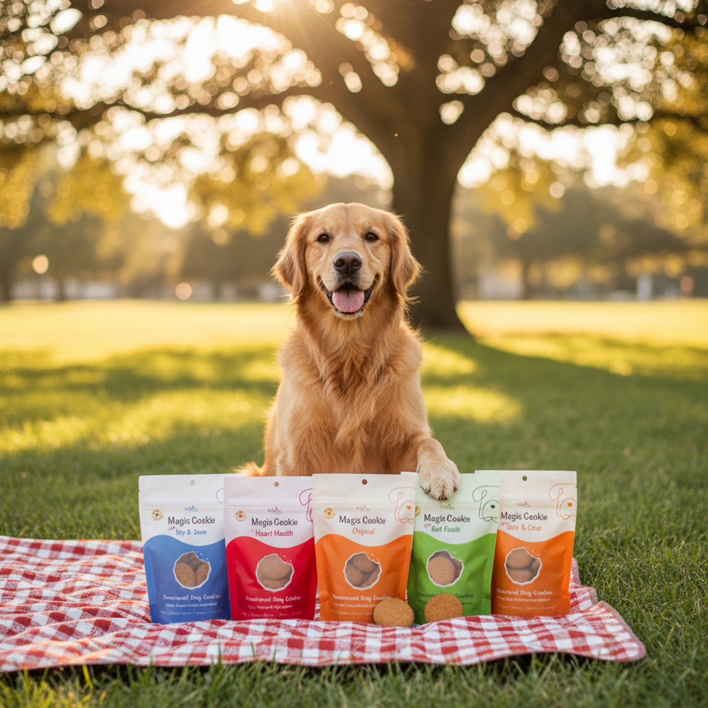 PawCo Magic Cookie Variety Box – Labrador sitting on checkered blanket in park with paw on box and other cookie variety boxes nearby