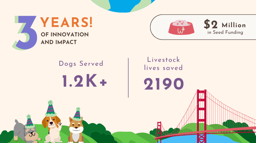 An infographic with illustrations of three dogs in partyhats, a globe, some hills, and the Golden Gate bridge
