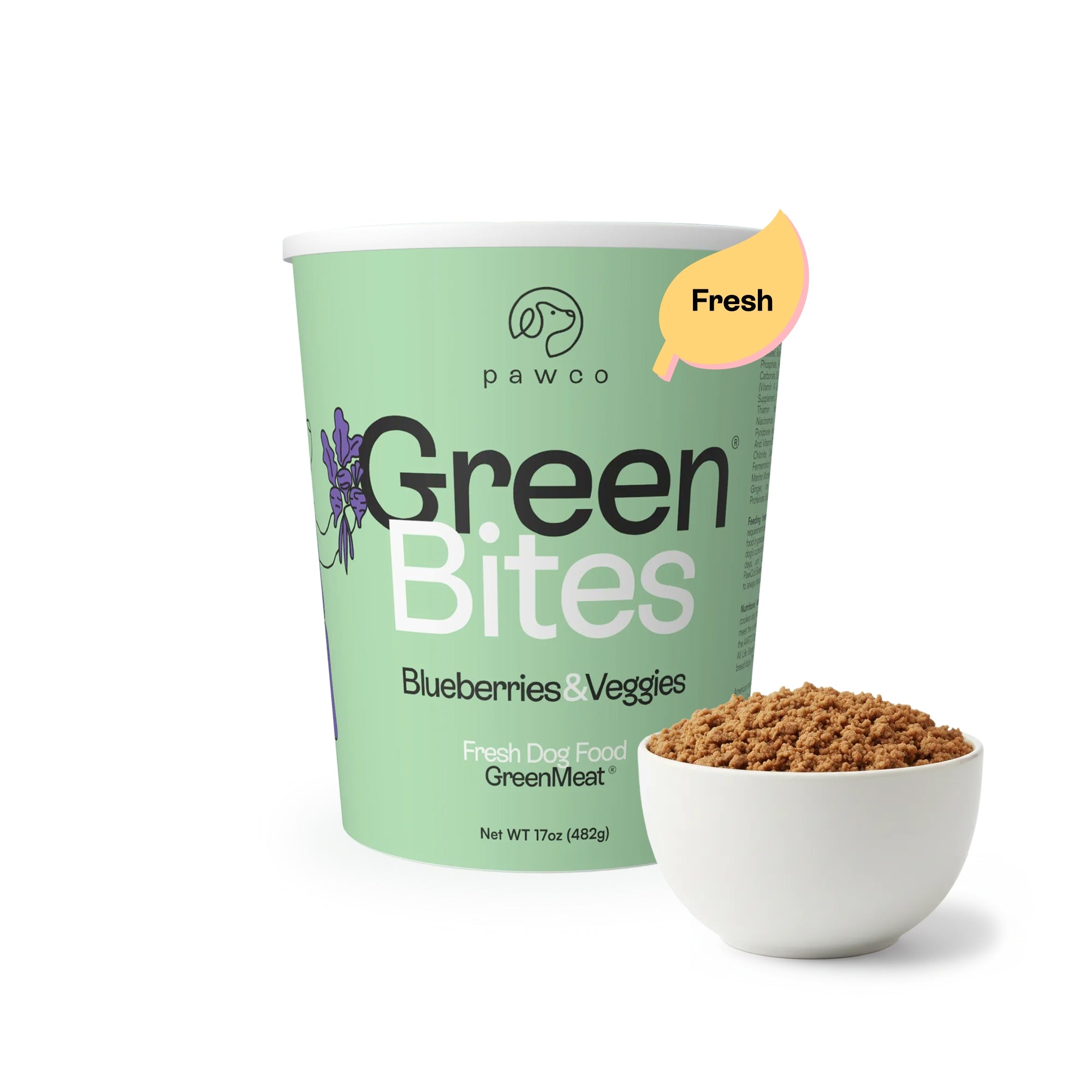 PawCo GreenBites Blueberry 17oz — plant-based fresh dog food with blueberries and mixed veggies