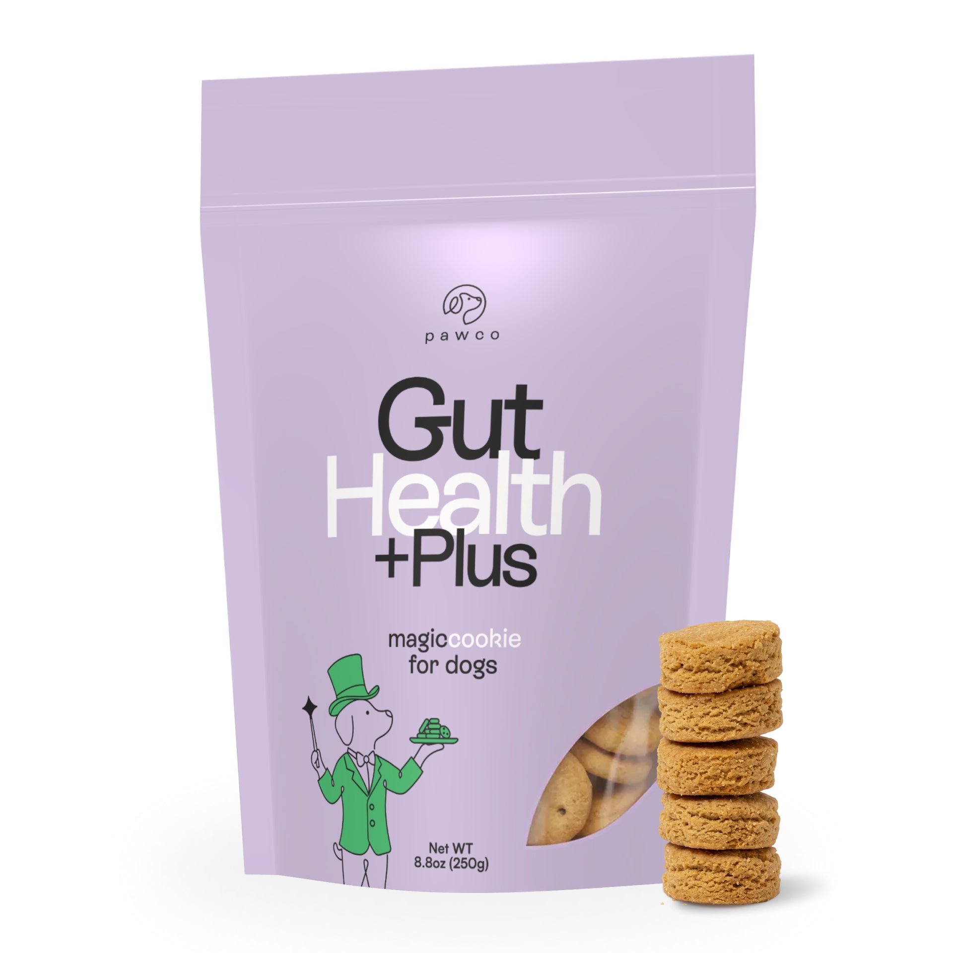 PawCo Magic Cookie Gut Health 8.8oz — plant-based functional dog treat cookie for digestive support