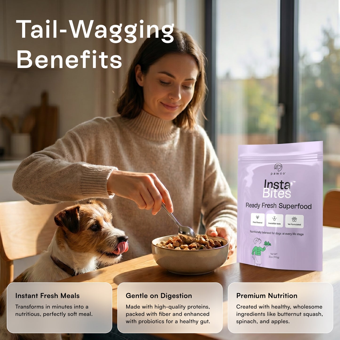 Woman preparing PawCo InstaBites for a dog — instant fresh meals, gentle on digestion, premium nutrition with butternut squash, spinach, and apples