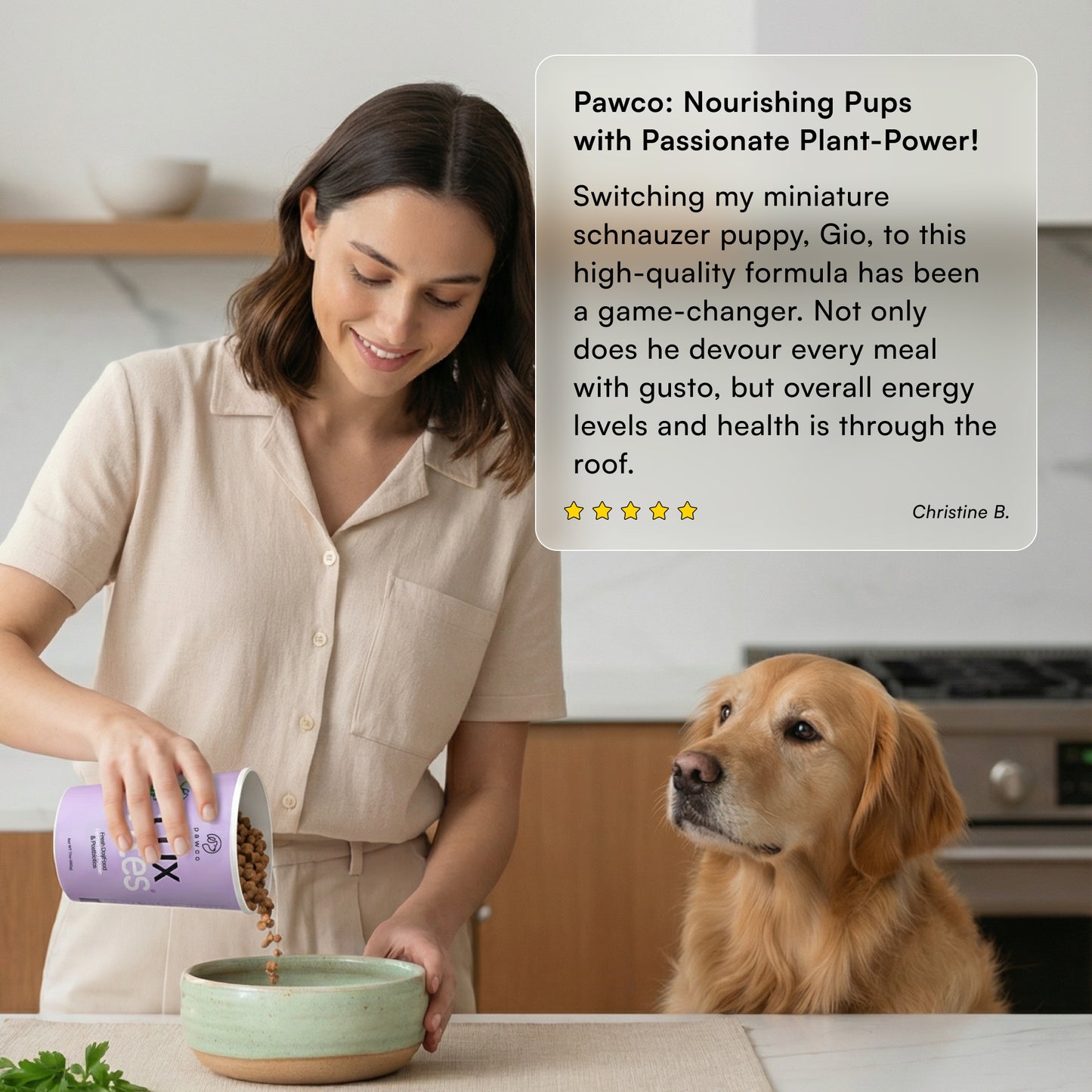 Woman serving PawCo fresh dog food to golden retriever — 5-star verified customer review