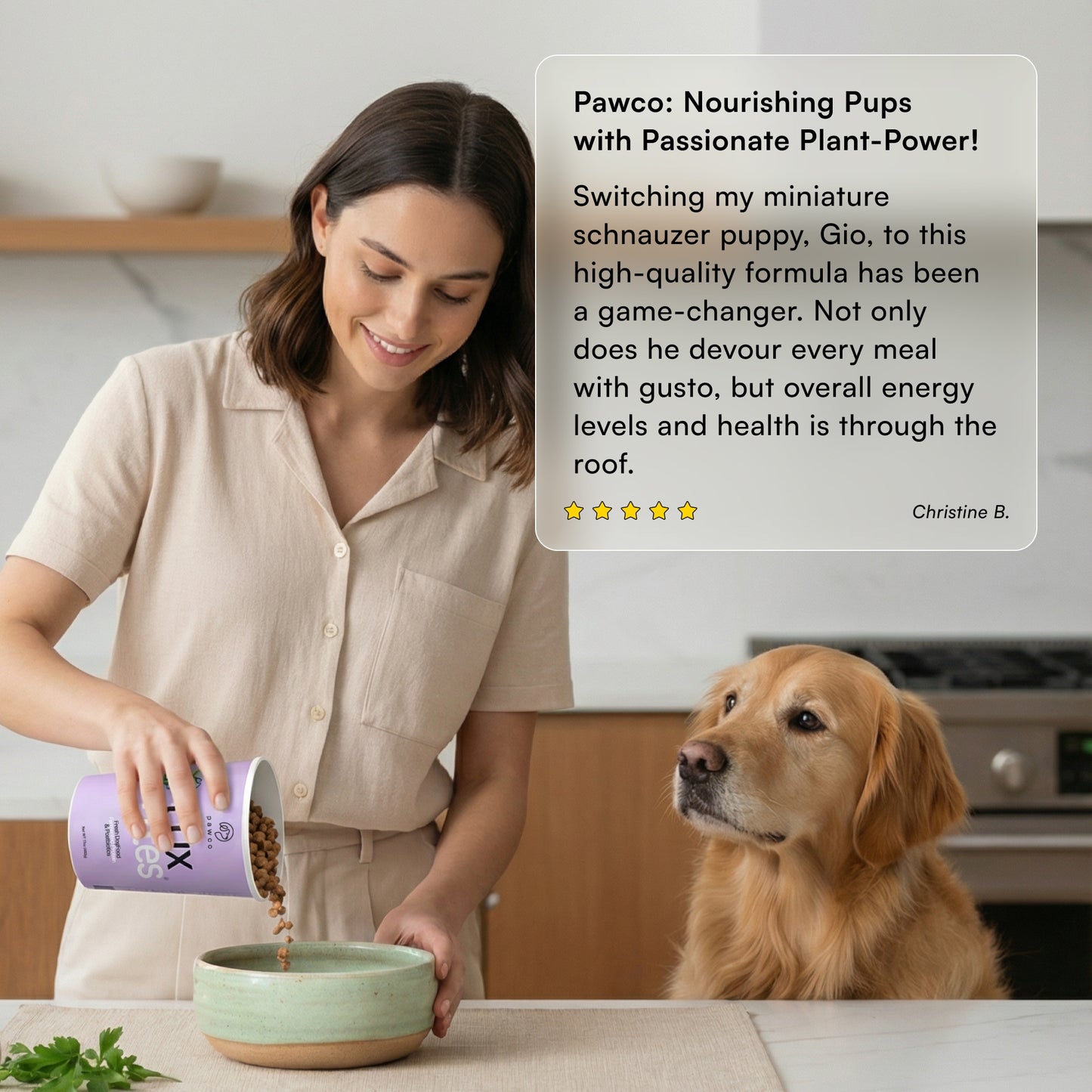 Woman serving PawCo fresh dog food to golden retriever — 5-star verified customer review