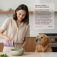 Woman serving PawCo dog food topper to golden retriever — 5-star verified customer review