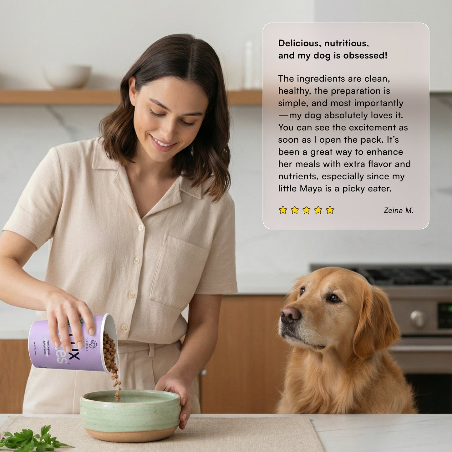 Woman serving PawCo fresh dog food to a golden retriever — 5-star verified customer review.
