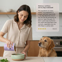 Woman serving PawCo fresh dog food to a golden retriever — 5-star verified customer review.