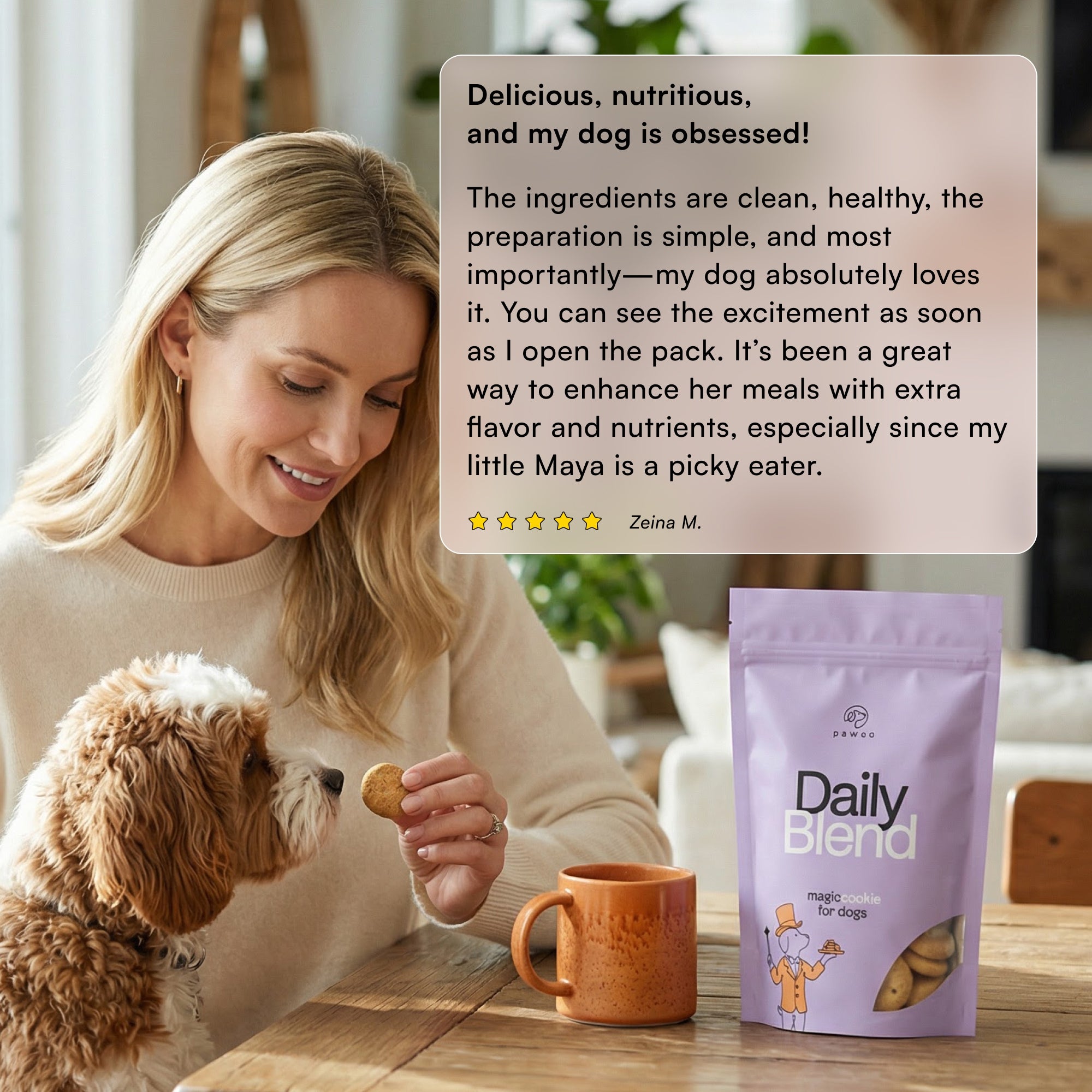 Woman giving PawCo Magic Cookie dog treat to fluffy dog — 5-star verified customer review.