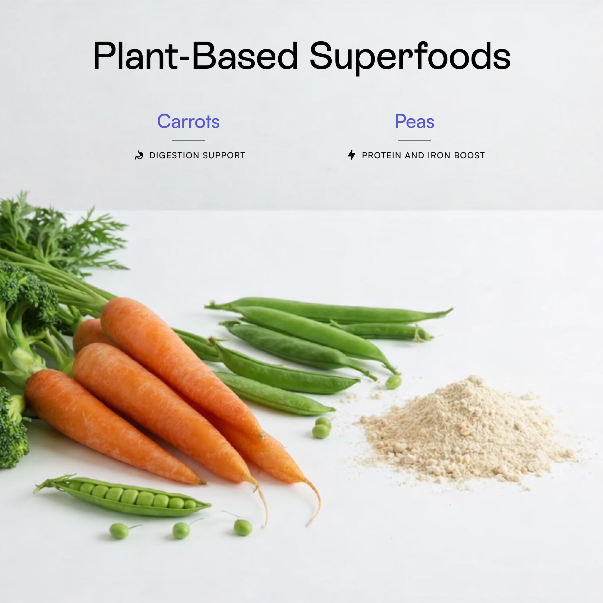 Carrots, peas, and other mixed plant-based superfoods in PawCo GreenBites Mixed Veggies fresh dog food support digestion, and supplement protein and iron.