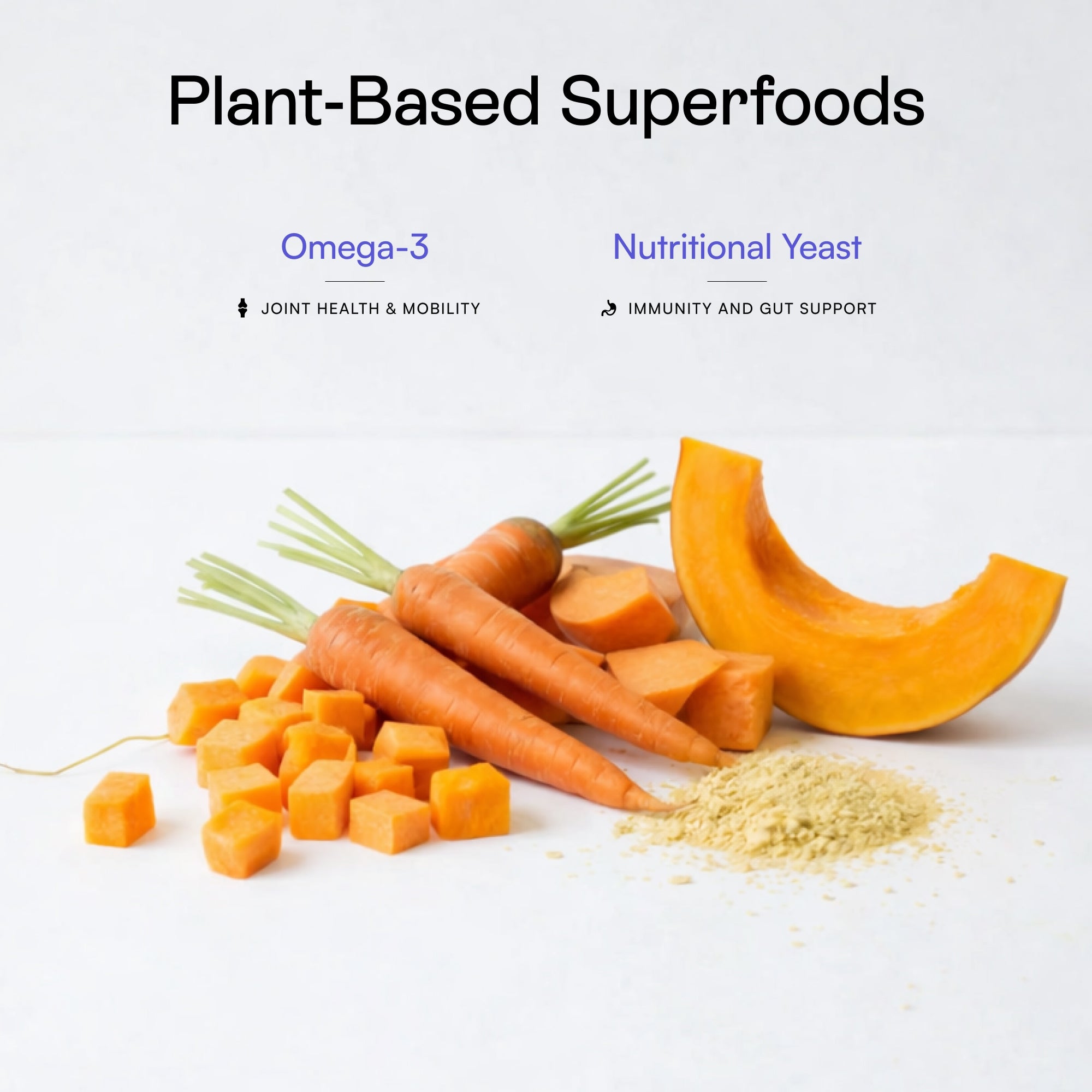 Omega-3s, nutritional yeast, and plant-based superfoods in PawCo Magic Topper Hip & Joint dog food topper support joint health, mobility, immunity, and gut health