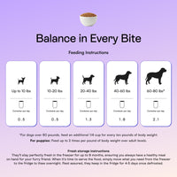 PawCo GreenBites fresh dog food feeding guide — 0.5 to 2.3 containers per day based on dog weight
