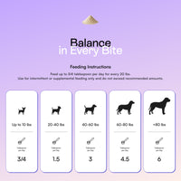 PawCo Magic Topper feeding guide — 3/4 to 6 tablespoons per day based on dog weight