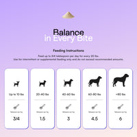PawCo Magic Topper feeding guide — 3/4 to 6 tablespoons per day based on dog weight