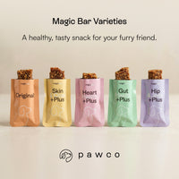 PawCo Magic Bars are available in 5 functional health variants: Original, Skin & Coat, Heart Health, Gut Health, Hip & Joint