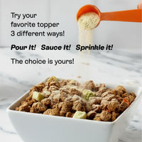 PawCo Magic Topper sprinkled over dog food — use as a topper three ways: pour it, sauce it, or sprinkle it