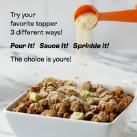 PawCo Magic Topper sprinkled over dog food — use as a topper three ways: pour it, sauce it, or sprinkle it