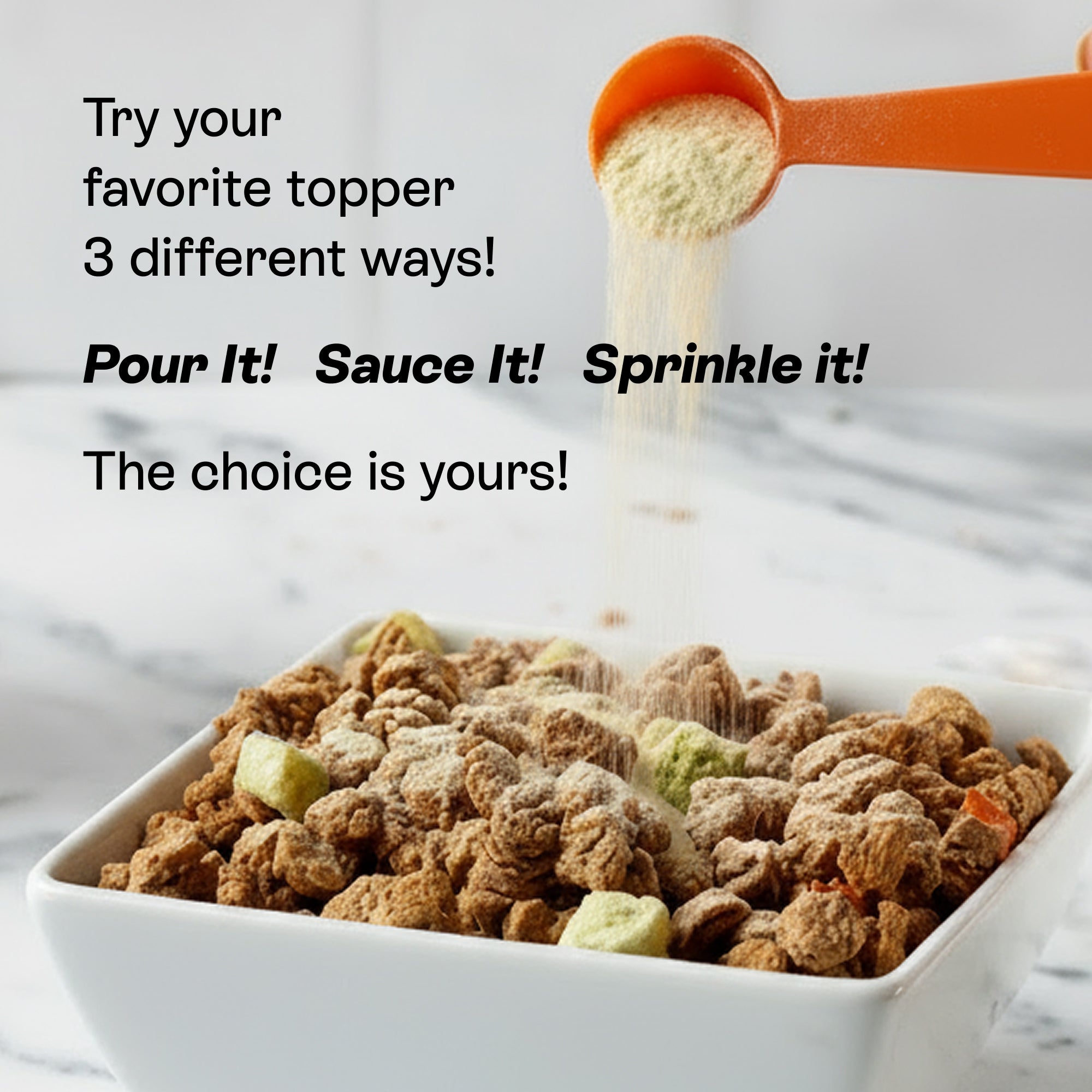 PawCo Magic Topper sprinkled over dog food — use as a topper three ways: pour it, sauce it, or sprinkle it
