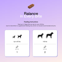 PawCo Magic Bar feeding guide — 1 bar per day for dogs up to 50 lbs, 2 bars per day for dogs over 50 lbs