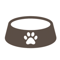 Brown pet bowl with a white paw print on a white background