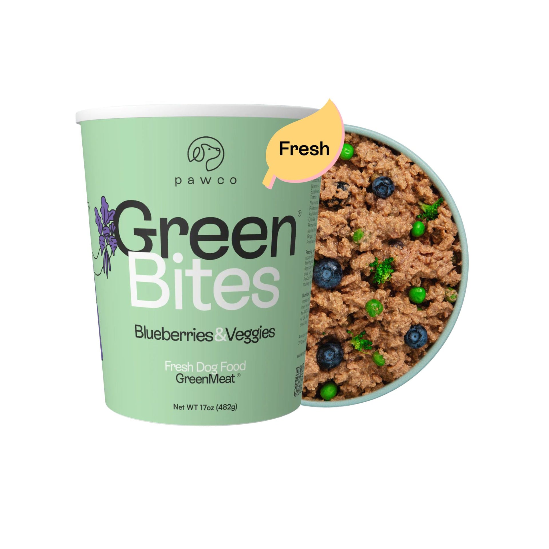 PawCo GreenBites Blueberry 17oz — plant-based fresh dog food with blueberries and mixed veggies