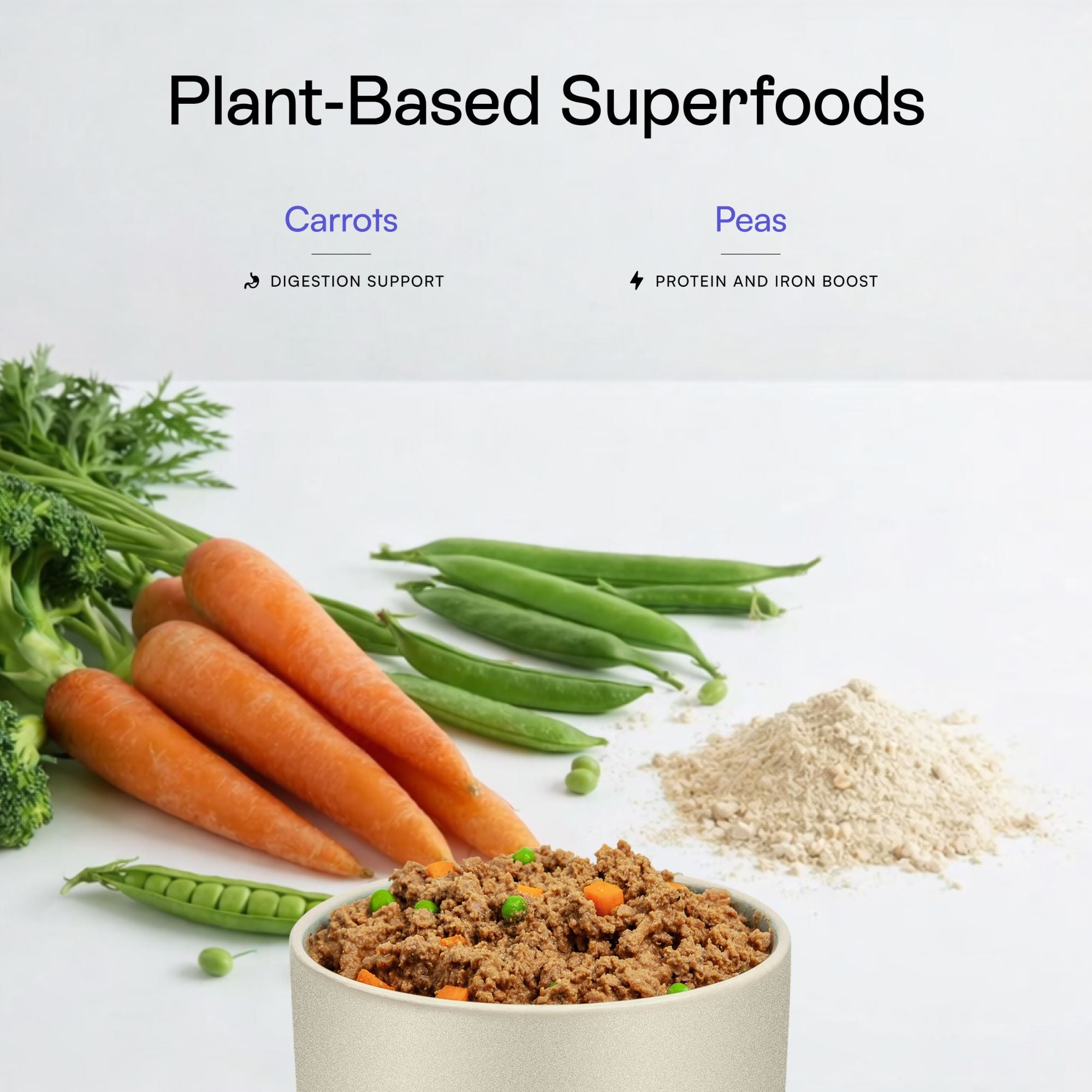 Carrots, peas, and other mixed plant-based superfoods in PawCo GreenBites Mixed Veggies fresh dog food support digestion, and supplement protein and iron.