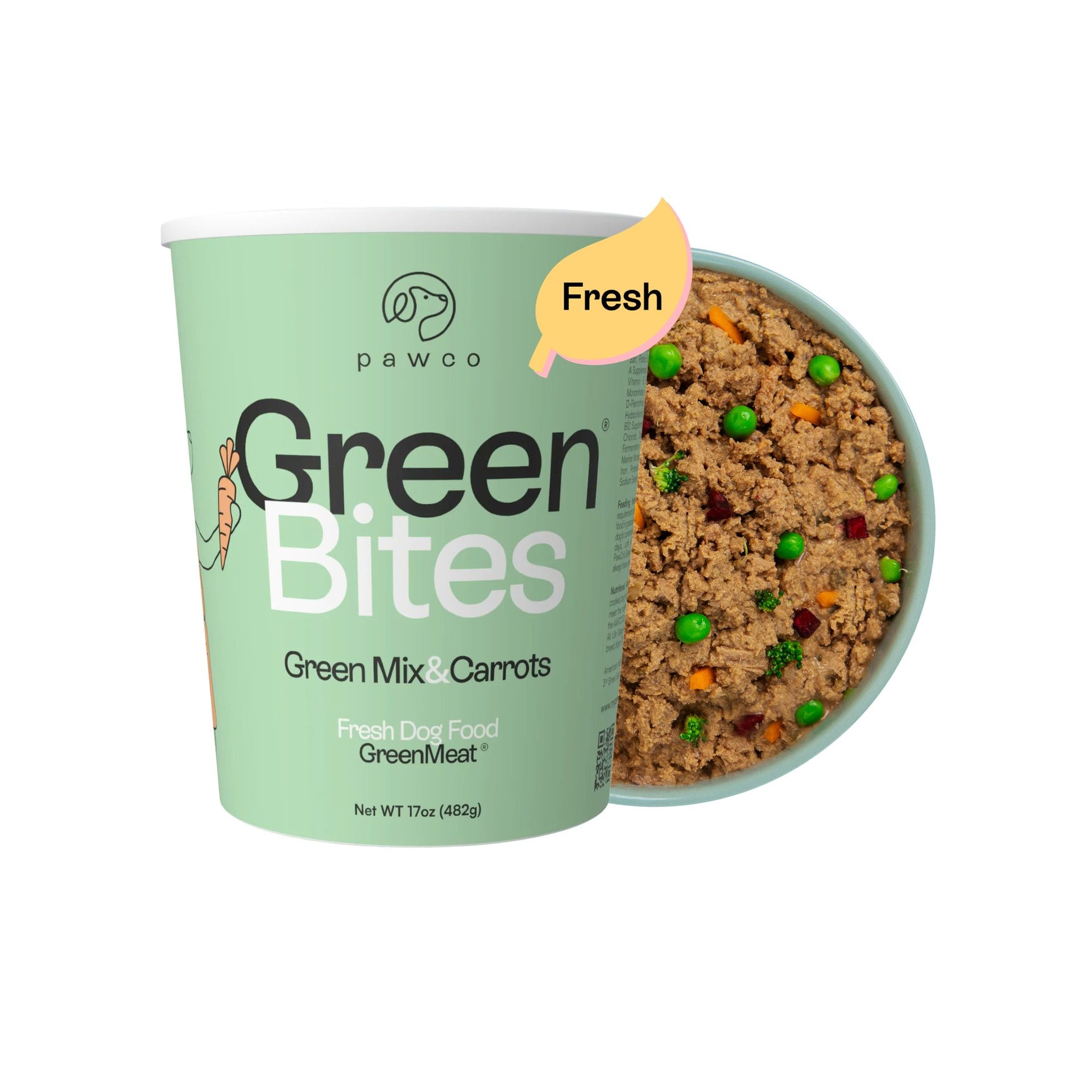 PawCo GreenBites Mixed Veggies 17oz — plant-based fresh dog food with green mix and carrots