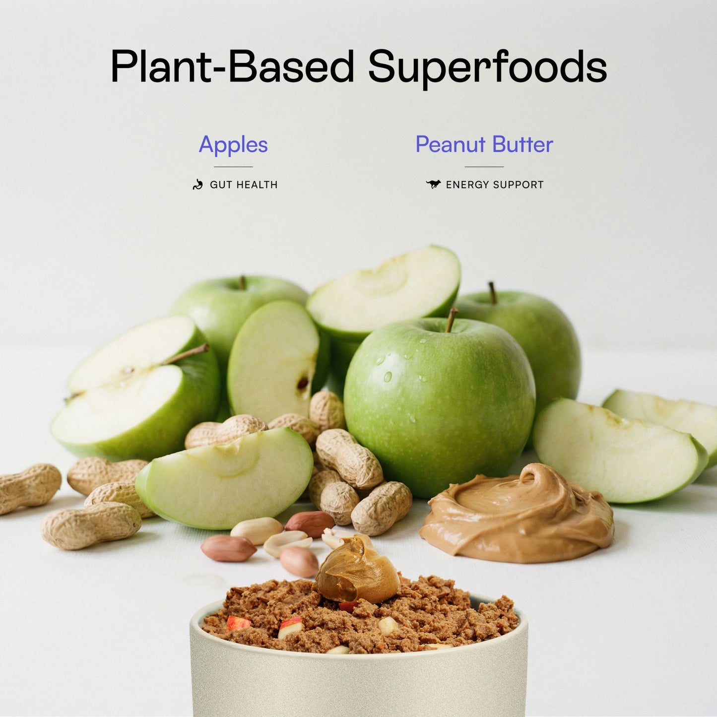 Peanut Butter, Apples, and other mixed plant-based superfoods in PawCo GreenBites PB & Apple fresh dog food supports gut health and energy.