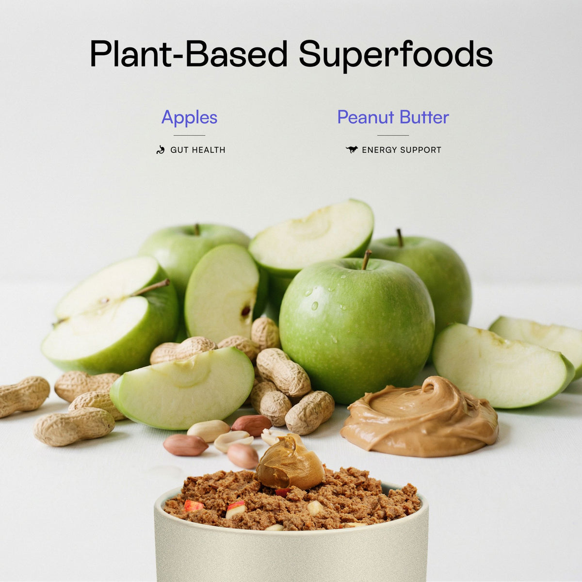 Peanut Butter, Apples, and other mixed plant-based superfoods in PawCo GreenBites PB & Apple fresh dog food supports gut health and energy.