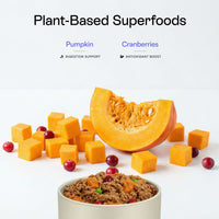 Pumpkin, Cranberries, and other mixed plant-based superfoods in PawCo GreenBites Pumpkin fresh dog food support digestion, and supplement antioxidants
