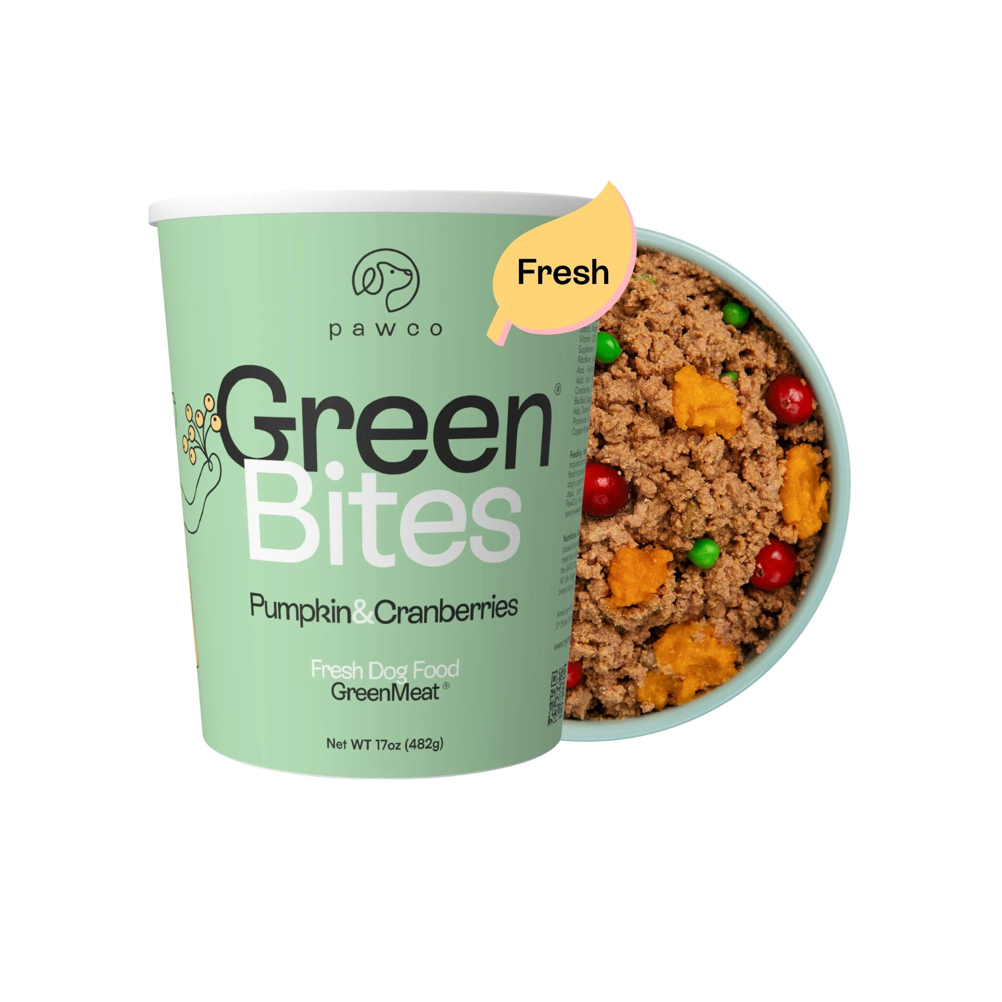 PawCo GreenBites Pumpkin 17oz — plant-based fresh dog food with pumpkin and cranberries