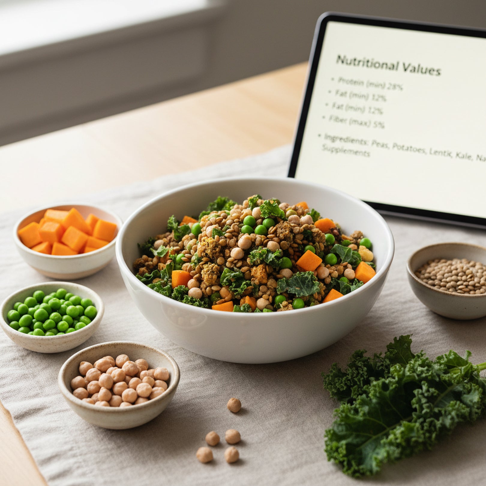 Bowl of salad with ingredients and a tablet displaying nutritional information on a table.