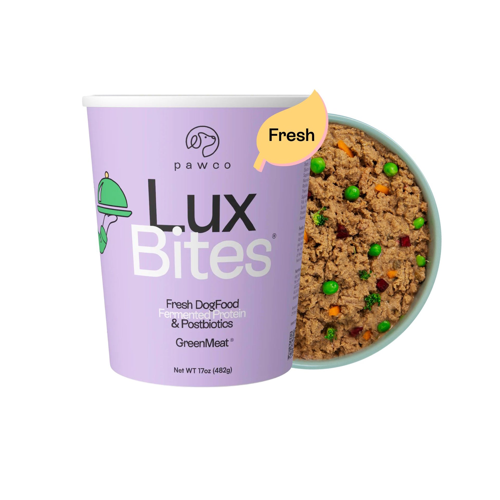 PawCo LuxBites 17oz — premium plant-based fresh dog food with postbiotics and mixed veggies