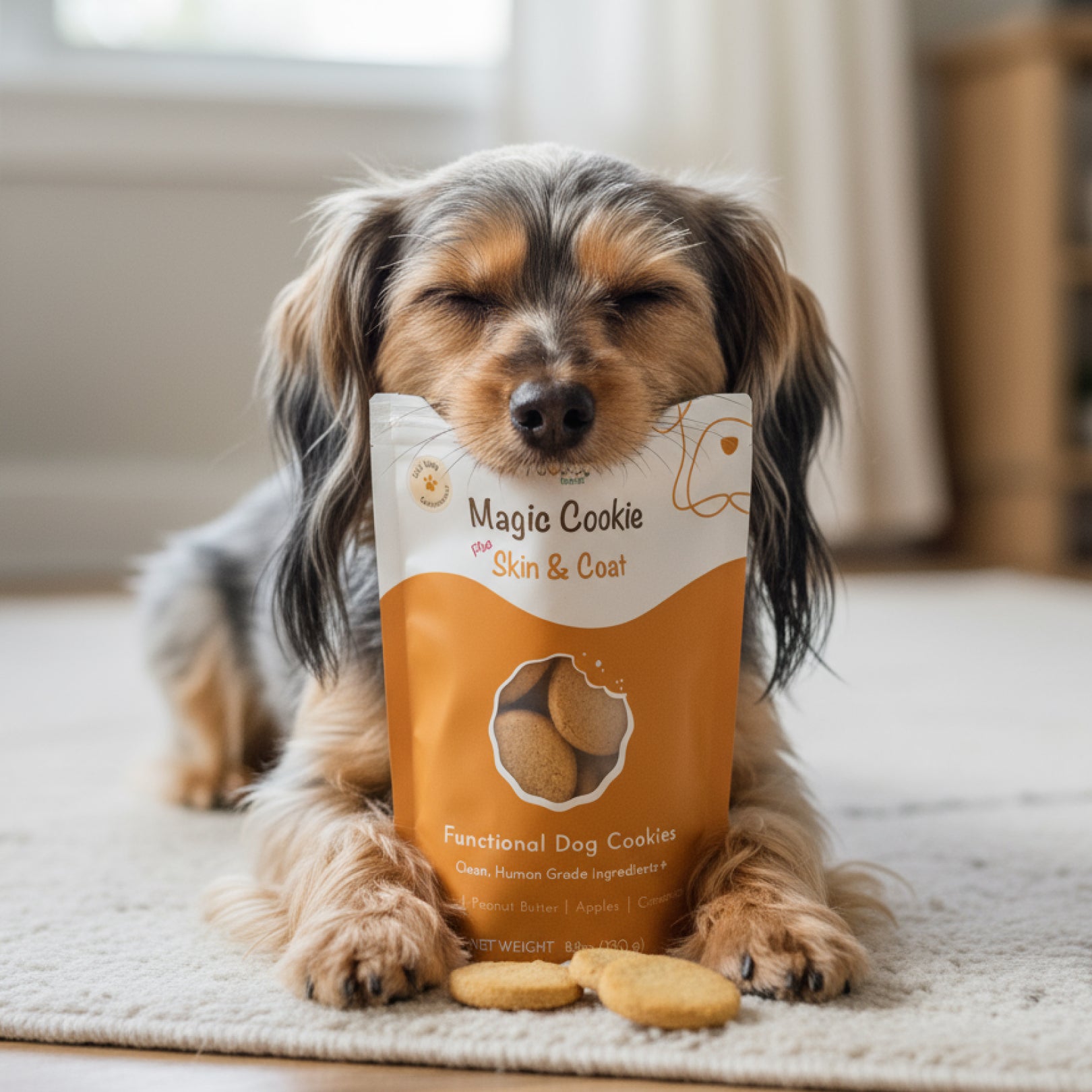 Dog holding a package of Magic Cookie dog cookies on a carpeted floor.