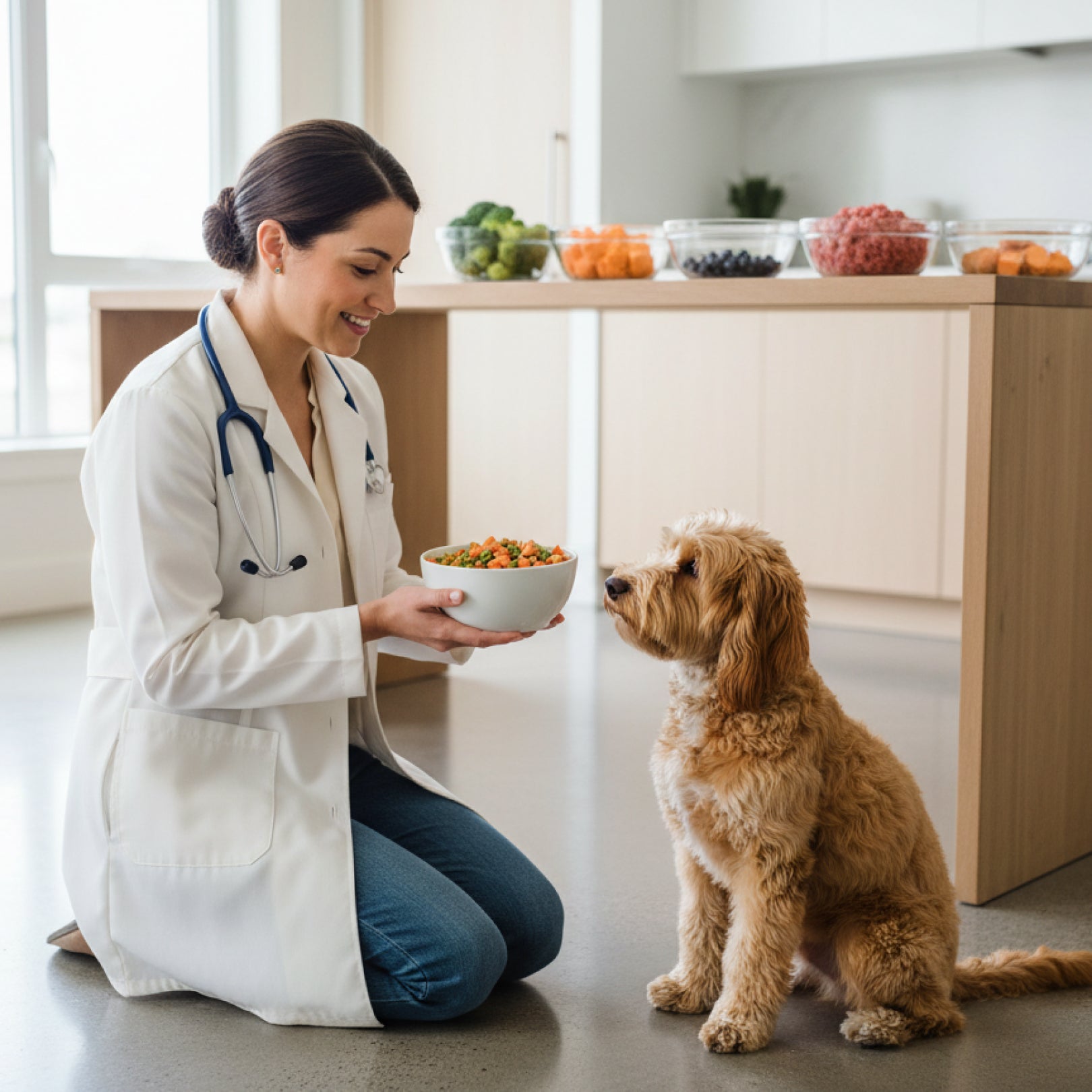 Veterinarian feeding a dog from a bowl in a clinical setting