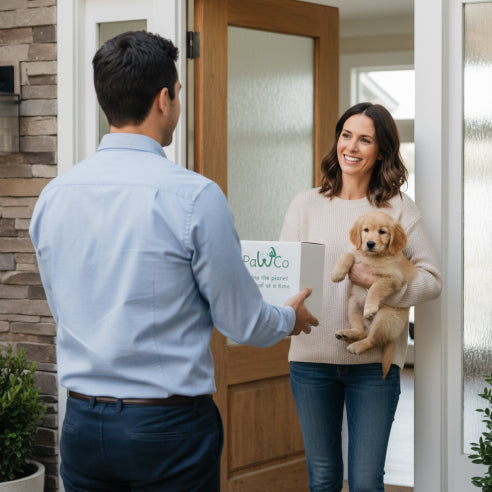 Man shaking hands with a woman holding a puppy, with a 'PawCo' box in the background.