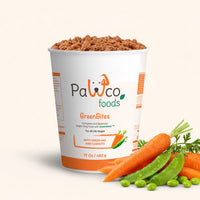Container of Pawco Foods GreenBites with carrots and peas on a white background