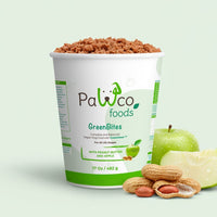 Container of Pawco Foods GreenBites with apples and almonds on a light green background