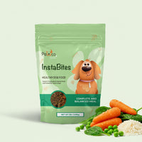 Package of Pawco InstaBites healthy dog food with a cartoon dog illustration on a light green background.