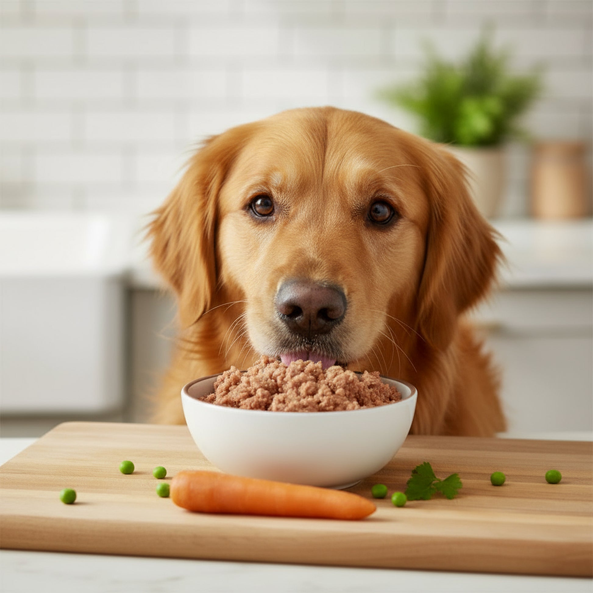 PawCo LuxBites healthy, high quality fresh dog food – dog eating from white bowl with carrots and peas – PawCo Foods