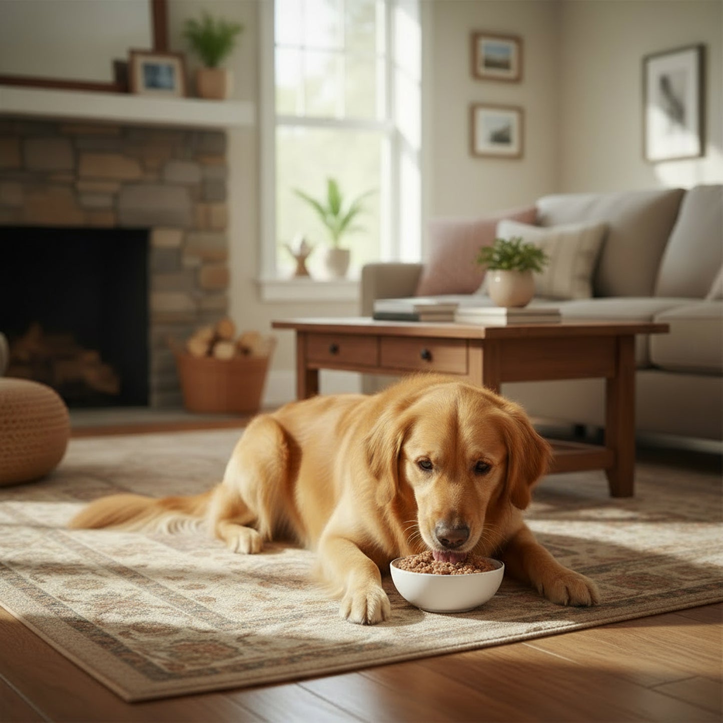 PawCo LuxBites healthy, high quality fresh dog food – Labrador eating from white bowl on living room carpet – PawCo Foods