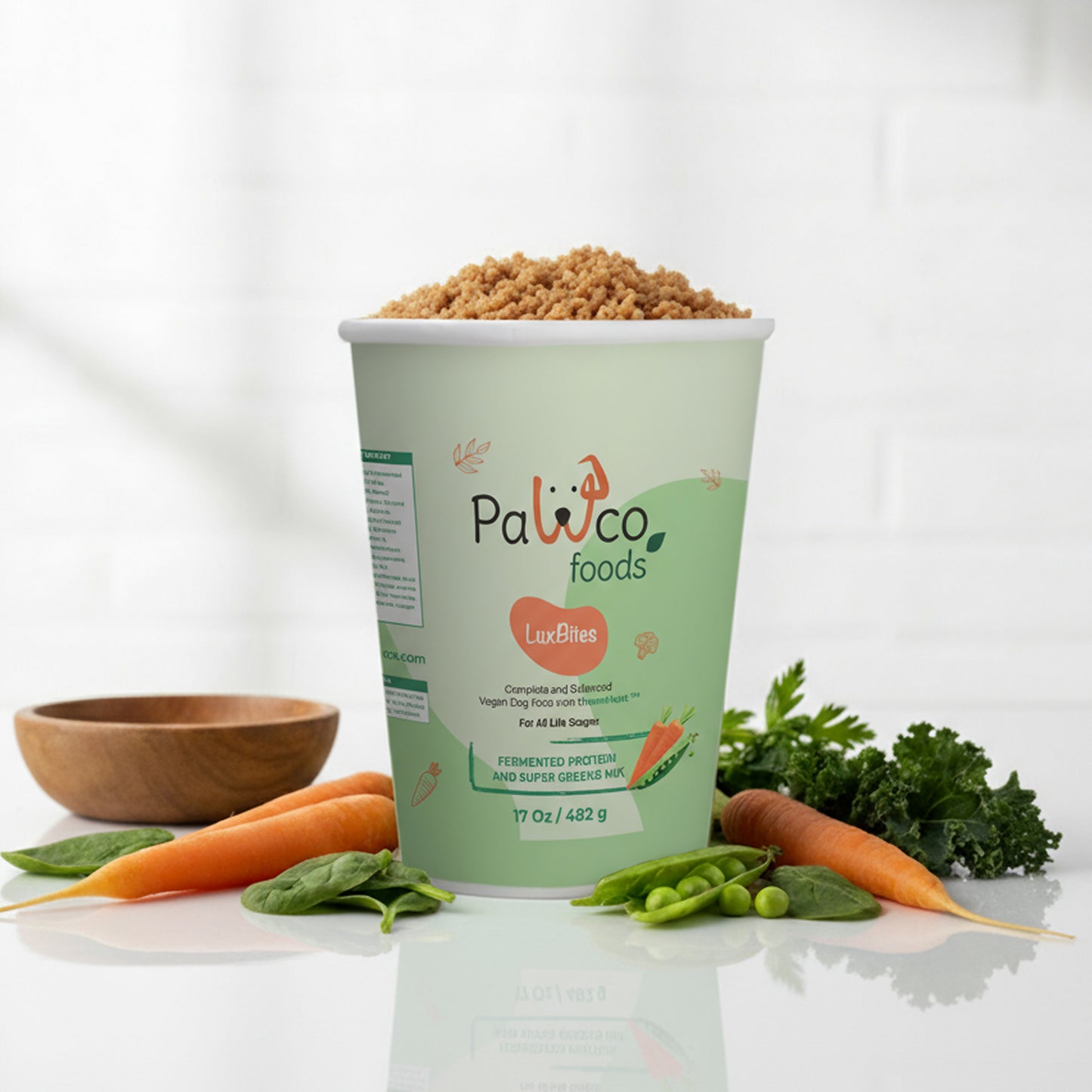PawCo LuxBites healthy, high quality fresh dog food carton – on kitchen counter with fresh vegetables – PawCo Foods